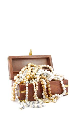 jewel box with pearl necklaces isolated on white backgroundの写真素材
