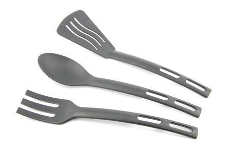 black plastic kitchen utensil isolated on white backgroundの写真素材