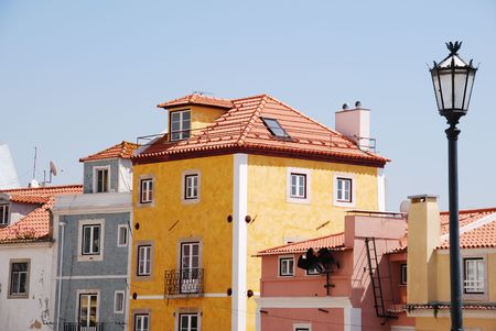 beautiful and traditional view of antique buildings and lamp post in Lisbon, Portugalの写真素材