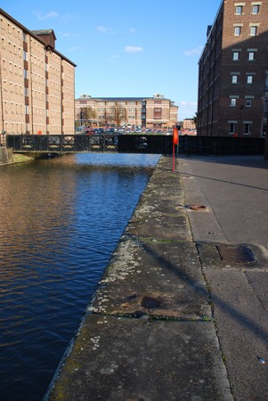 beautiful Gloucester docks with typical warehouse buildingsの写真素材
