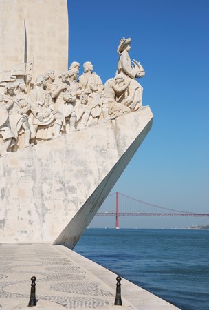 famous monument to the maritime discoveries in Lisbon, Portugal (April 25th bridge on the background)のeditorial素材