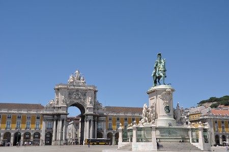 famous Commerce Square also known as Terreiro do Paço in Lisbon, Portugal (statue of King José I in the center)の写真素材