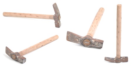 old rusty wooden handle hammer collection isolated on white backgroundの写真素材