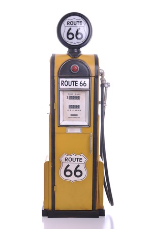 copy of a yellow vintage route 66 fuel pump isolated on white backgroundの写真素材