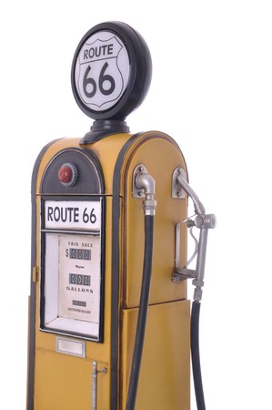 copy of a yellow vintage route 66 fuel pump isolated on white backgroundの写真素材