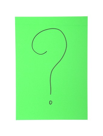 question mark on a green paper note isolated on white backgroundの写真素材