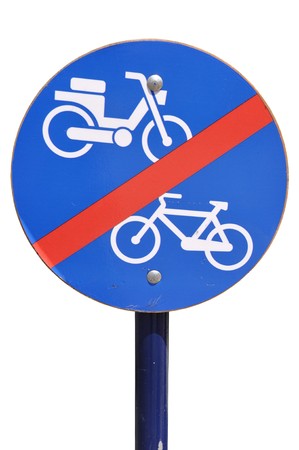 blue and white traffic sign advising no bicycle and no motorcycle (isolated on white background)の写真素材