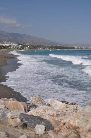 beautiful beach with stone pier in Puerto Banus (Marbella), Spainの写真素材