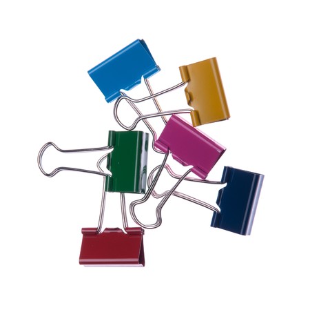 colorful binder clips isolated on white backgroundの写真素材