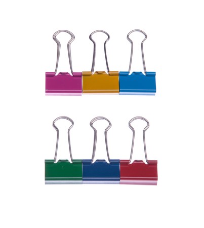 rows of colored binder clips isolated on white backgroundの写真素材