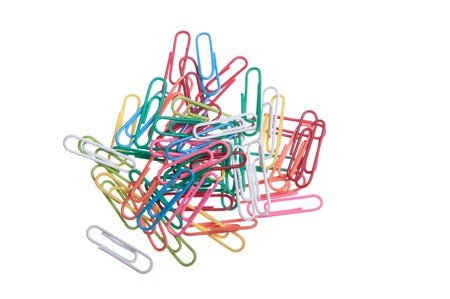 colored paper clips isolated on white backgroundの写真素材
