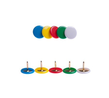 colored push pins (front and back) isolated on white backgroundの写真素材
