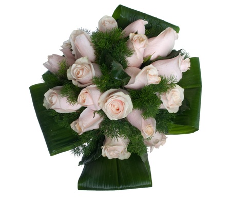 gorgeous bouquet of pink roses isolated on white background (from above)の写真素材