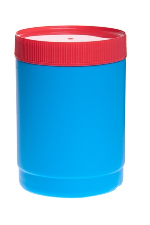 blue plastic canister isolated on white backgroundの写真素材