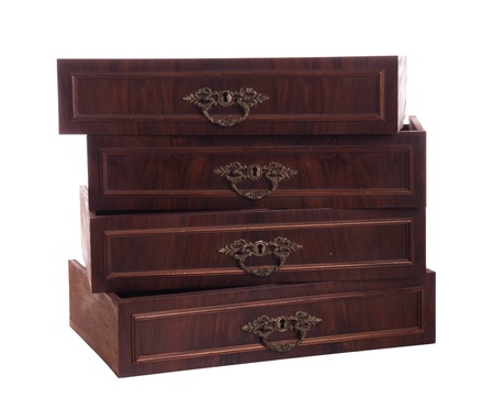 four antique wooden drawers isolated on white background