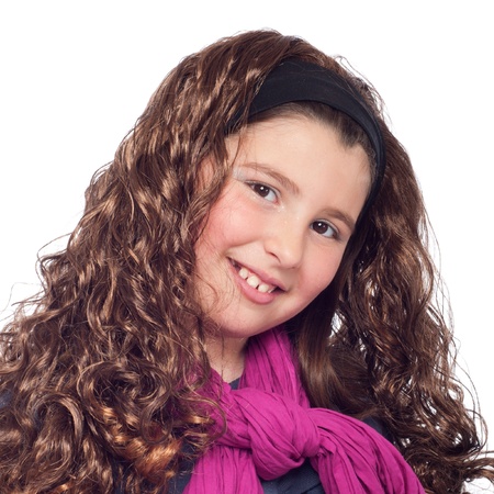 adorable little girl portrait posing dressed as teenager with long wig and glitter (isolated on white background)の写真素材