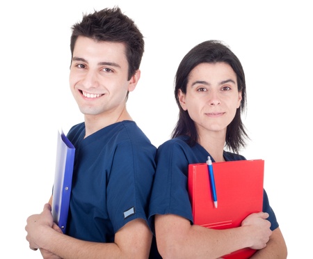 friendly team of doctors holding folders isolated on white background (back to back)の写真素材