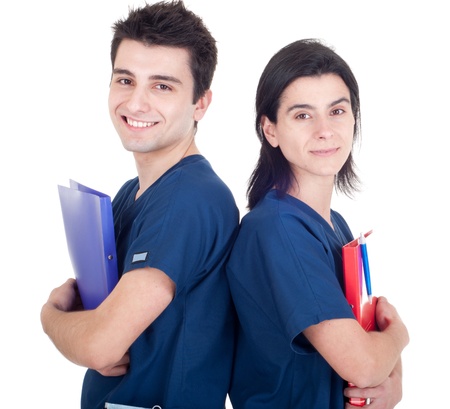 friendly team of doctors holding folders isolated on white background (back to back)の写真素材