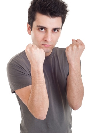 handsome casual man with fight expression isolated on white backgroundの写真素材