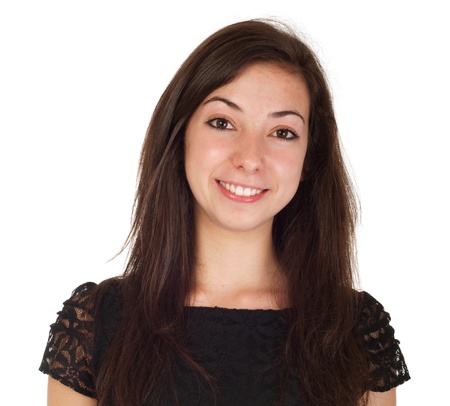 smiling 18 years old young woman in black dress ready for night out (isolated on white background)の写真素材