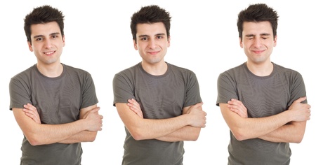 sad depressed young man crying, conceptual picture regarding emotional, financial or violence problems (isolated on white)の写真素材