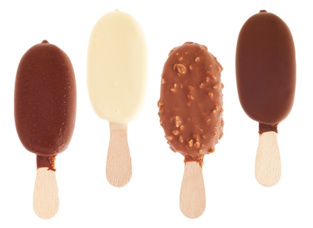 4 delicious chocolate ice creams (milk, white, almond, black) isolated on white backgroundの写真素材
