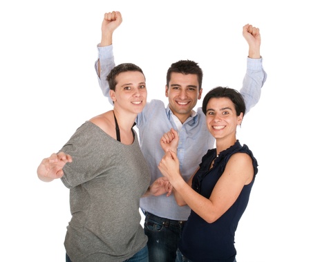 happy smiling brother and sisters having fun celebrating something, cheering and gesturing (isolated on white background)の写真素材