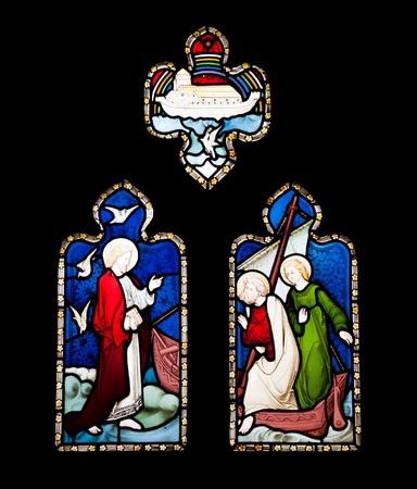 religious stained glass windows in Gloucester Cathedral, England (United Kingdom) (isolated on black background)の写真素材