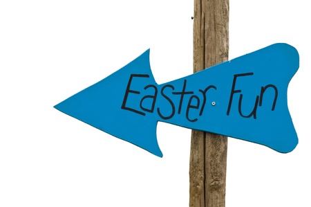 blue arrow indicating easter fun to the left (isolated on white background)の写真素材