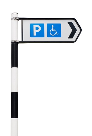 black and white parking sign with reserved wheelchair spaces  isolated on white background の写真素材