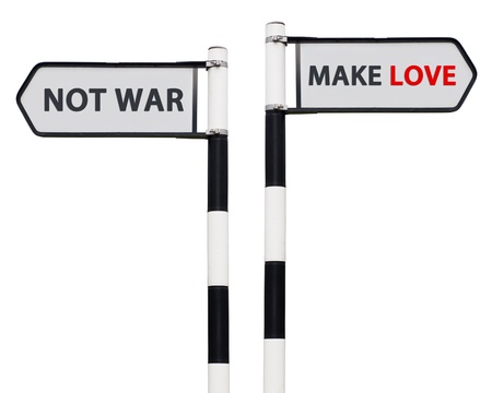 conceptual picture with make love not war road signs isolated on white backgroundの写真素材