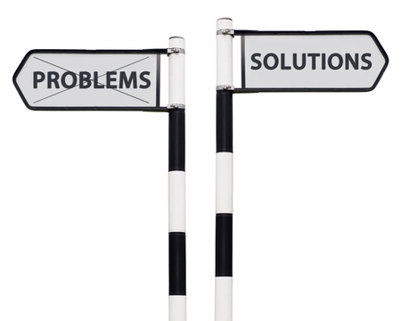 conceptual picture with solutions and problems road signs isolated on white backgroundの写真素材