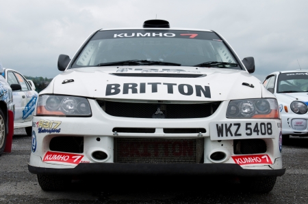 MALLOW, IRELAND - MAY 19: C. Britton Mitsubishi Evo in Park Ferme at The Jim Walsh Cork Forest Rally on May 19, 2012 in Mallow, Ireland. 4th round of the Valvoline National Forest Rally Championship.のeditorial素材
