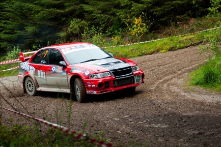 MALLOW, IRELAND - MAY 19: S. Wright driving Mitsubishi Evo at the Jim Walsh Cork Forest Rally on May 19, 2012 in Mallow, Ireland. 4th round of the Valvoline National Forest Rally Championship.のeditorial素材