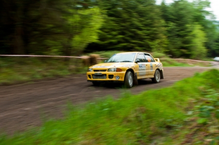 MALLOW, IRELAND - MAY 19: M. O' Connor driving Mitsubishi Evo at the Jim Walsh Cork Forest Rally on May 19, 2012 in Mallow, Ireland. 4th round of the Valvoline National Forest Rally Championship.のeditorial素材