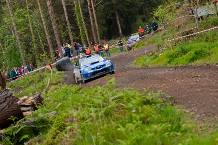 MALLOW, IRELAND - MAY 19: M. Cairns driving Subaru Impreza at the Jim Walsh Cork Forest Rally on May 19, 2012 in Mallow, Ireland. 4th round of the Valvoline National Forest Rally Championship.のeditorial素材