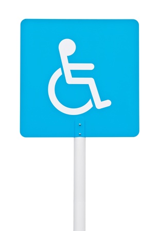 blue square handicap sign with wheelchair on post pole  isolated on white background の写真素材