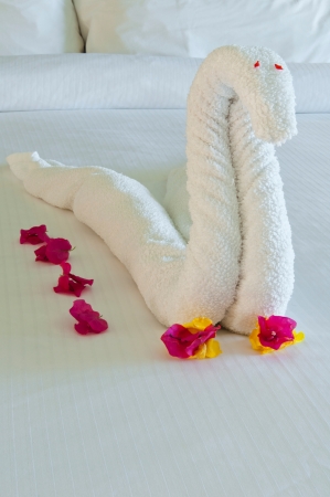 beautiful swan made from towels and bougainvillea flowers in the hotel bedroom (typical in The Caribbean resorts)の写真素材