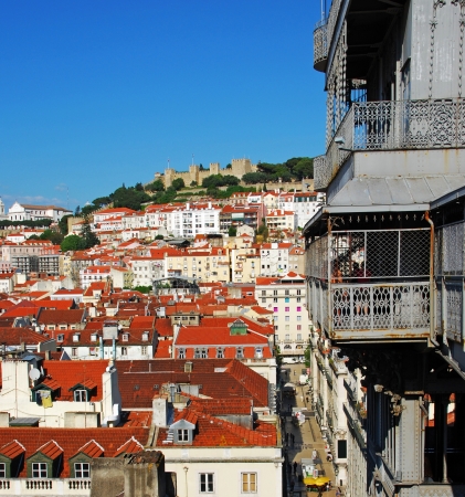 beautiful cityscape of Lisbon with Sao Jorge Castle and Santa Justa Elevator, Portugalの写真素材