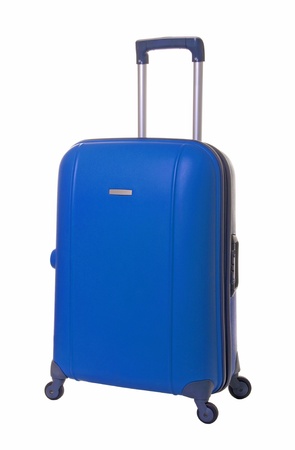 blue travel suitcase isolated on white backgroundの写真素材