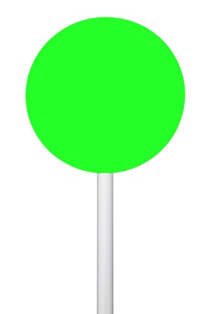 green circular sign on post pole (isolated on white background, ready for your design) の写真素材