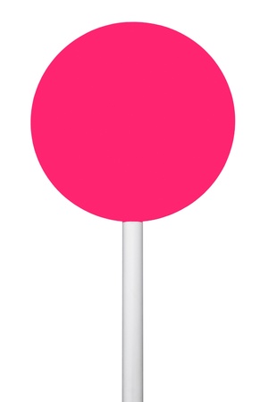 pink circular sign on post pole (isolated on white background, ready for your design) の写真素材