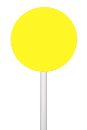 yellow circular sign on post pole (isolated on white background, ready for your design) の写真素材