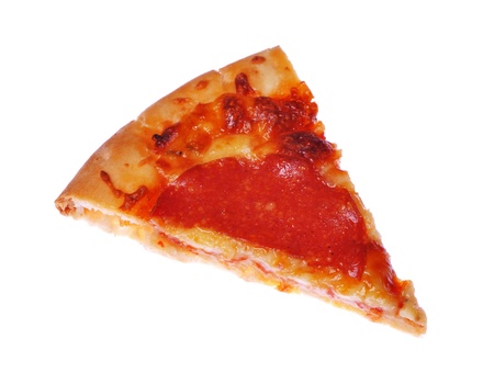 delicious slice of pepperoni pizza isolated on white background
