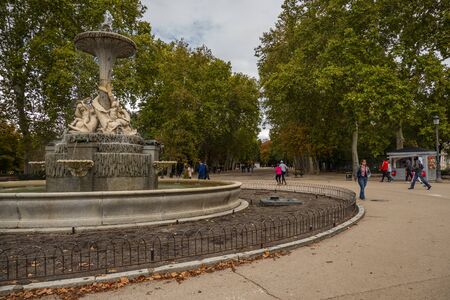 MADRID, SPAIN - OCTOBER 20, 2019: Source of the Galapagos in the Retiro Park. XIX century. Work of the architect Francisco Javier de Marietegui and the sculptor Jose Tomasのeditorial素材
