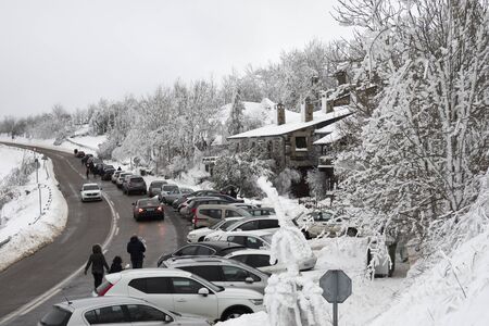 O CEBREIRO, LUGO, SPAIN - OCTOBER 5, 2019: Village of O Cebreiro in winter. It is a winter and Christmas landscapeのeditorial素材