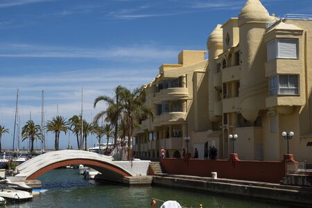 Benalmadena, SPAIN - JUNE 19, 2019: port of Benalmádena, Spain .. View of floating harbor buildingsのeditorial素材