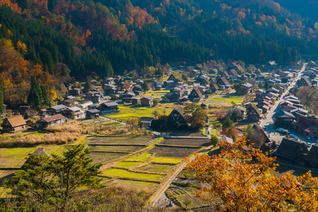 Top view point of shirakawago village world heritage in autumn , Japan .のeditorial素材
