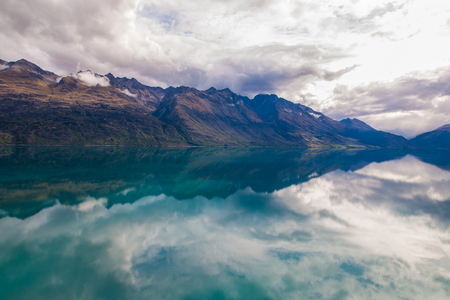 Mountain & reflection lake from view point on the way to Glenorchy, South island of New Zealandの写真素材