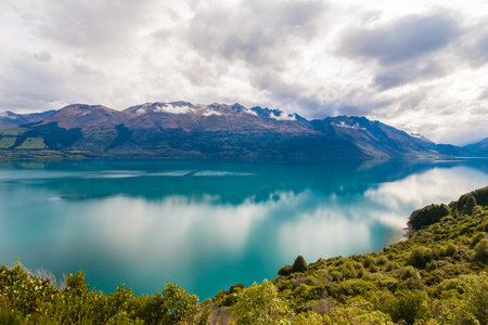 Mountain & reflection lake from view point on the way to Glenorchy, South island of New Zealandの写真素材